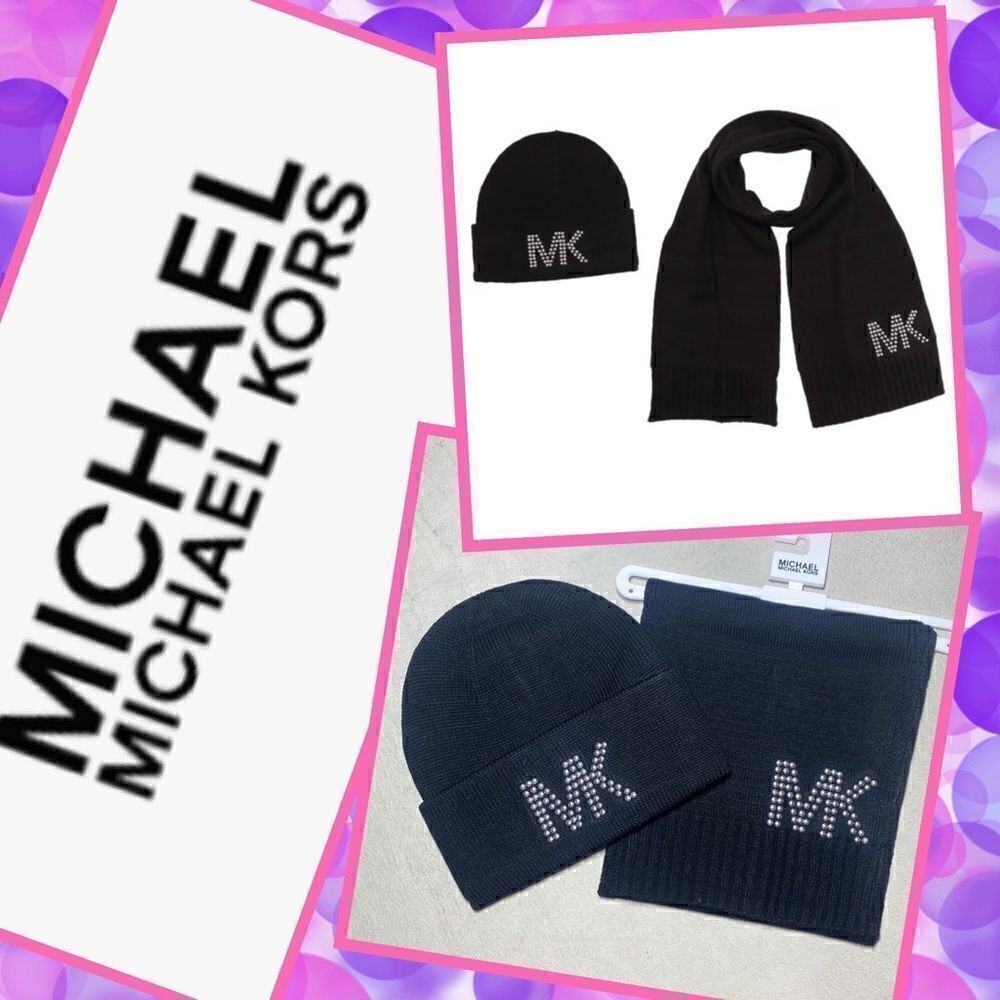 🌻Michael Kors Access Dome Studded Muffler & Beanie Set Scarf and Hat Black